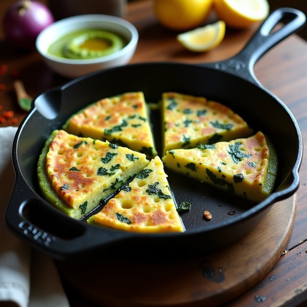 Tortilla vegana de patata y espirulina dorada en sartén de hierro, cortada en porciones, con alioli de ajo negro en un cuenco pequeño al lado. Decorada con hebras de espirulina y cebolla morada caramelizada.