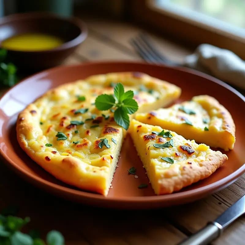 Tortilla de patata dorada y jugosa cortada en porciones, con el centro ligeramente cremoso, servida en plato de barro rústico. Receta de tortilla de patata en airfryer con técnica Good Grill.