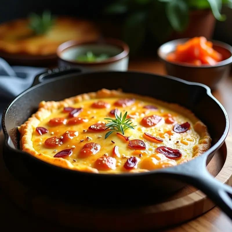 Tortilla de patata y kimchi dorada en sartén de hierro, con semillas de sésamo tostado por encima. Trozos de kimchi fermentado y cebolla morada asoman entre la textura esponjosa del huevo. Plato de fondo rústico con utensilios de madera.