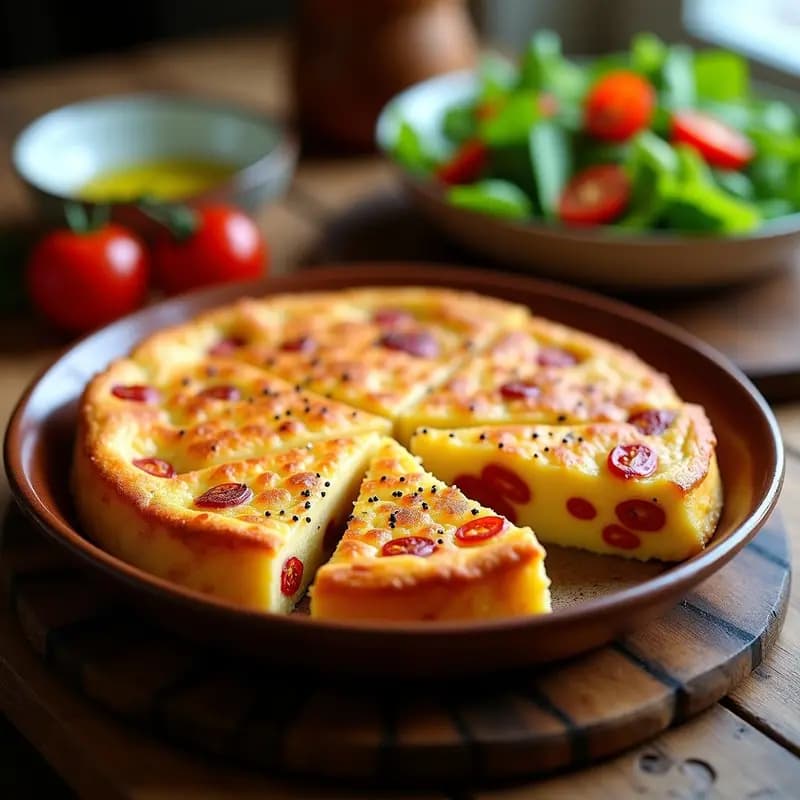 Tortilla de patata dorada con trozos visibles de pimientos del piquillo rojos, cortada en porciones y servida en plato de madera rústico. Receta vasca tradicional en Thermomix.