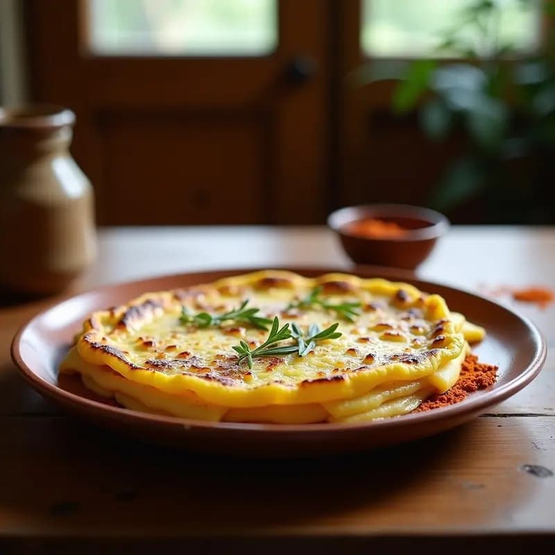 Tortilla dorada y esponjosa de patata y puerro con queso Idiázabal derretido, servida en un plato rústico de barro con un toque ahumado visible. Receta vasca tradicional con pimentón.