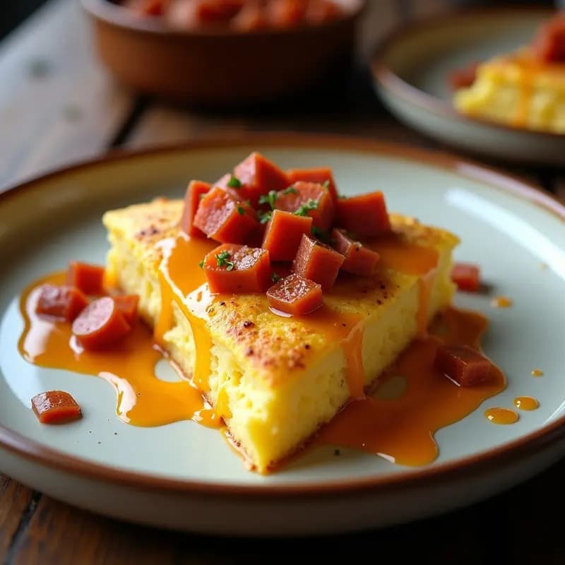 Tortilla de patata dorada con queso cheddar fundido y rodajas de chorizo ibérico, acompañada de salsa brava espesa en un plato rústico de barro, receta contundente y llena de sabor.