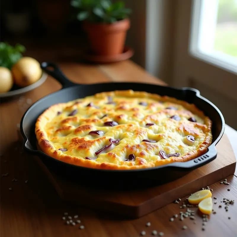 Tortilla de patata sin huevo dorada en sartén de hierro, con textura esponjosa y trozos de cebolla morada visibles, servida en plato de madera rústico.