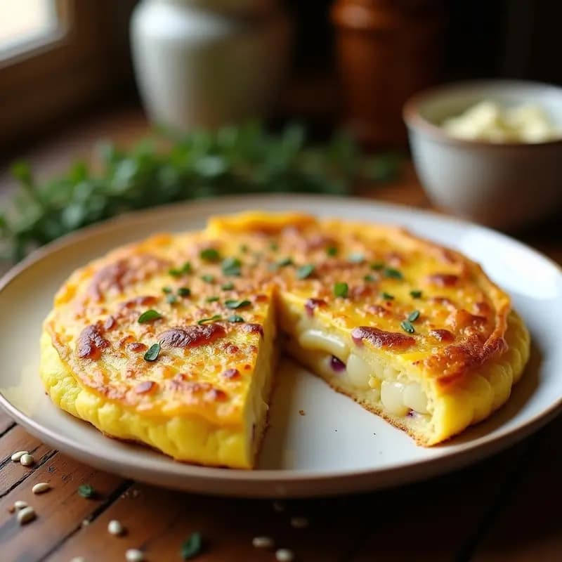 Tortilla de patata esponjosa con zaatar en plato blanco, cortada en porciones, con patatas doradas visibles y un toque de especias por encima, receta Thermomix.