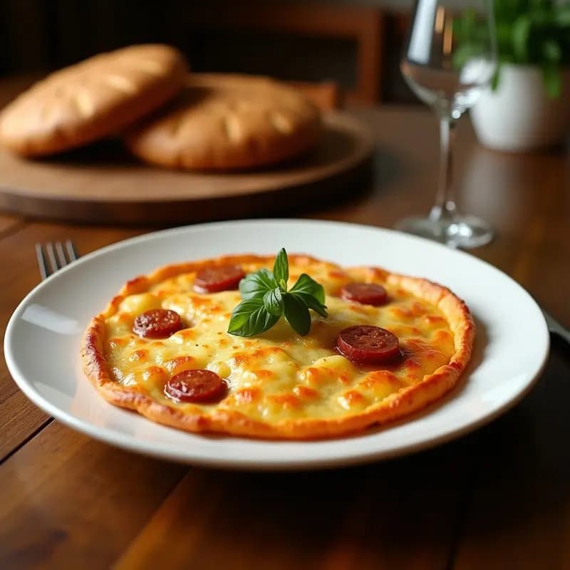 Tortilla de patatas dorada por fuera con trozos de chorizo ibérico y queso cheddar fundido derretido, servida en un plato rústico con fondo de madera. Desayuno contundente y llenos de texturas.