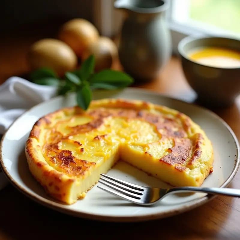 Tortilla de patatas española dorada y esponjosa en un plato blanco rústico, cortada en porciones, con un tenedor al lado y rodajas de patata visibles en su interior.