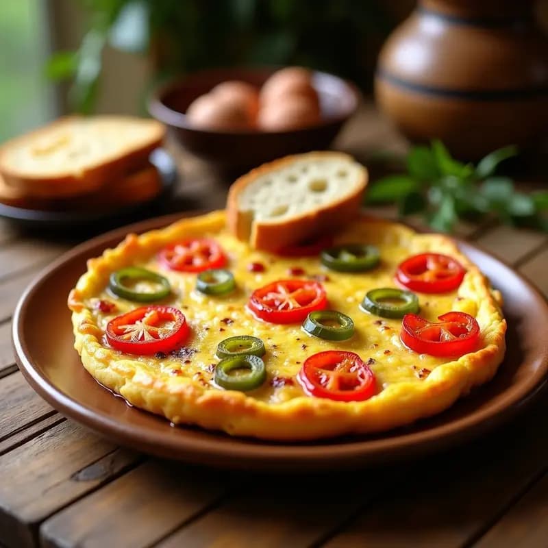 Tortilla de patatas dorada con tiras de pimientos asados rojos y verdes integrados, servida en plato de barro con rebanada de pan rústico al lado.