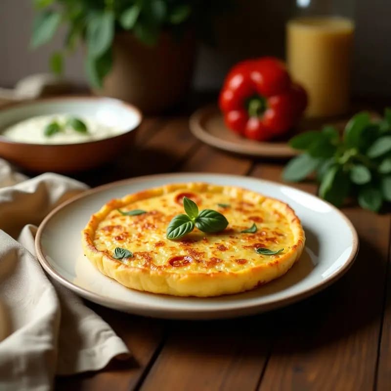 Tortilla de patatas dorada con pimientos del Padrón fritos encima, servida en plato rústico de barro sobre fondo de madera. Receta gallega con toque picante.