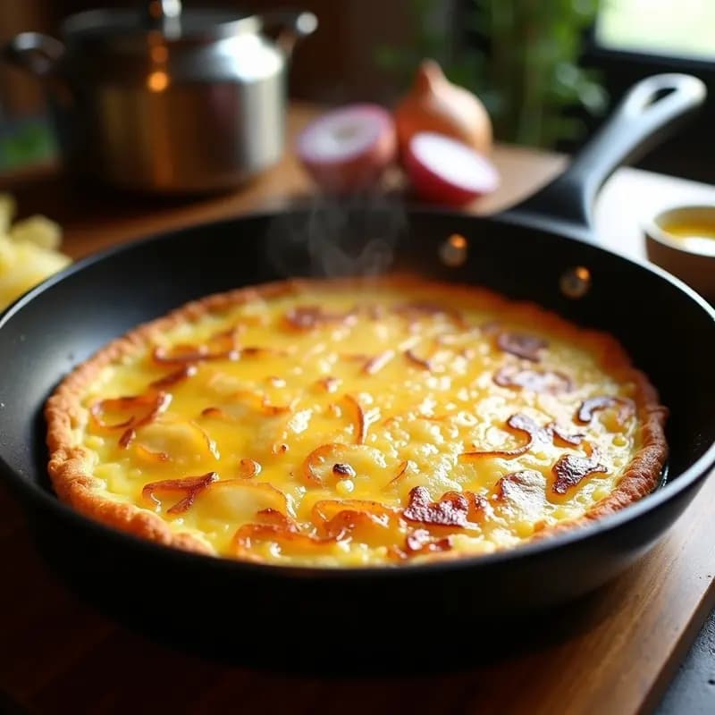 Tortilla de patatas dorada y jugosa en una sartén antiadherente, cocinada sin voltear con técnica de ollas apiladas, rodeada de rodajas de patata frita y cebolla.