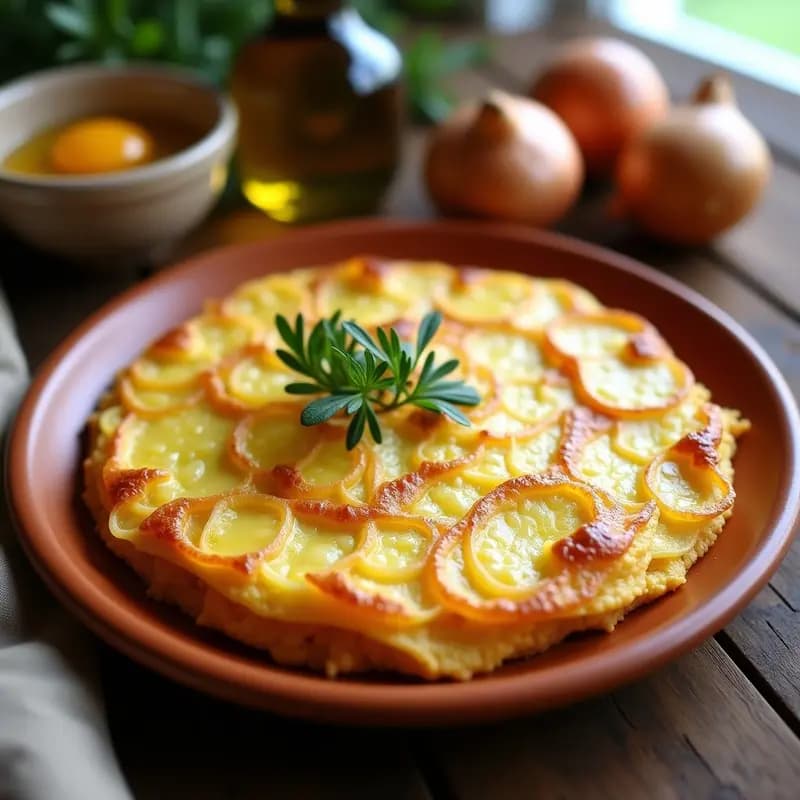 Tortilla de patatas española dorada y jugosa sobre un plato de barro rústico, con trozos de cebolla visible entre las patatas y el huevo cuajado.