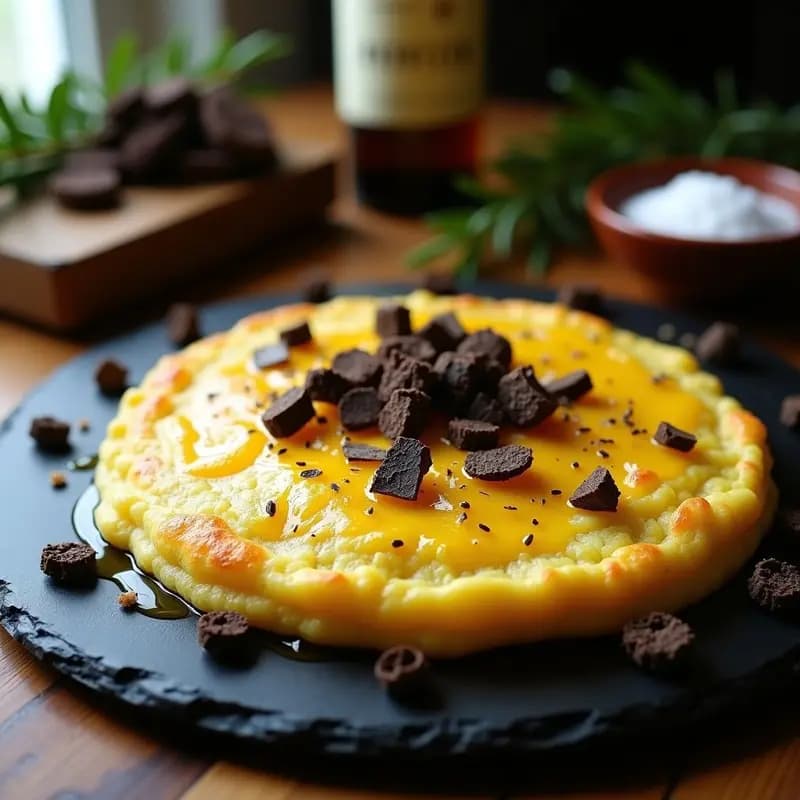 Tortilla de patatas dorada y esponjosa con láminas de patata visibles, coronada con ralladura de trufa negra y un hilo de aceite de oliva virgen extra, servida en plato de cerámica blanca con fondo rústico.