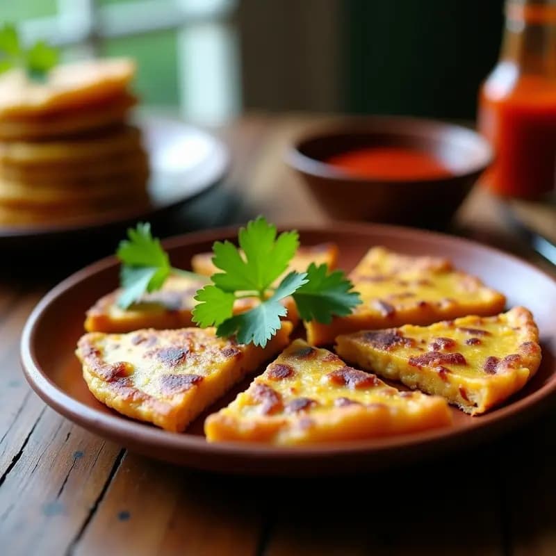 Tortilla dorada y crujiente de plátano macho y cebolla morada, cortada en triángulos, con hojas de cilantro fresco y salsa picante al lado, servida sobre un plato de barro rústico.