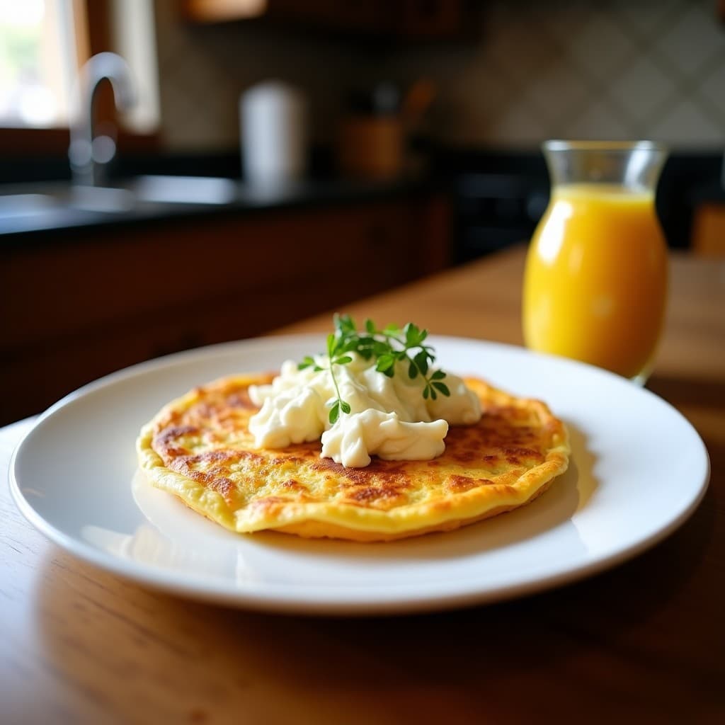 Tortilla dorada en sartén antiadherente con trozos de queso de cabra derretido, hojas de rúcula fresca asomando, bañada en vinagreta oscura de higueras y decorada con almendras fileteadas y cebollino picado. Plato mediterráneo gourmet para desayuno.