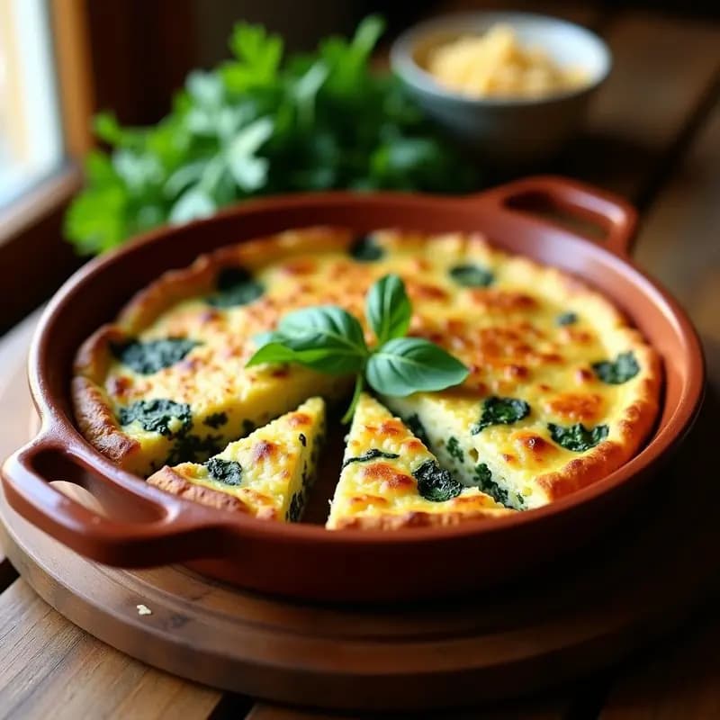 Tortilla de Sachs dorada y esponjosa en fuente de barro, con espinacas y queso fundido, servida con perejil fresco. Receta tradicional judía sefardí.