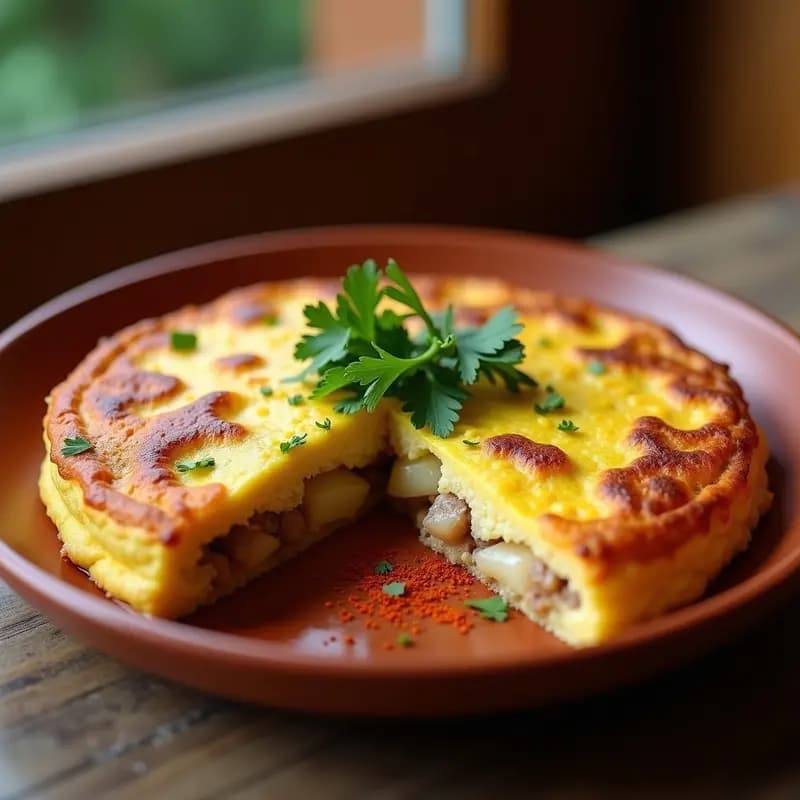 Tortilla de Sacromonte dorada y jugosa con trozos de sesos y mollejas empanados, patatas y perejil fresco, servida en plato de barro tradicional granadino.