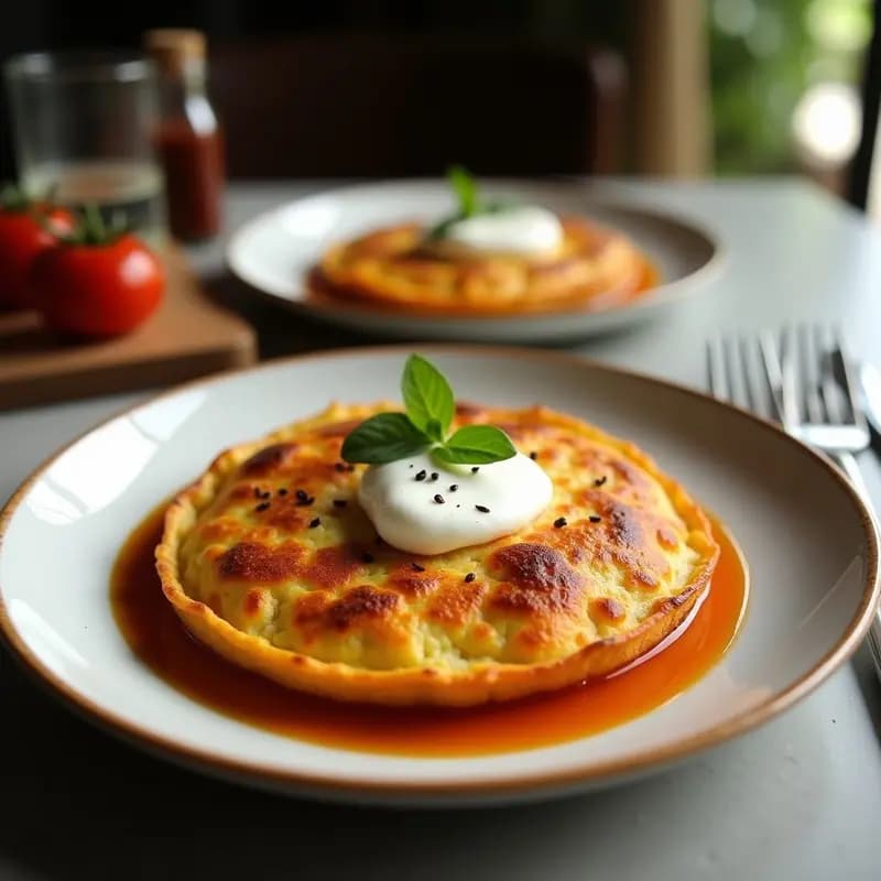 Tortilla de Sacromonte dorada y jugosa en sartén antiadherente, con trozos de sesos y mollejas de cordero, decorada con perejil fresco y ajos fritos. Plato tradicional granadino servido en tabla de madera rústica.