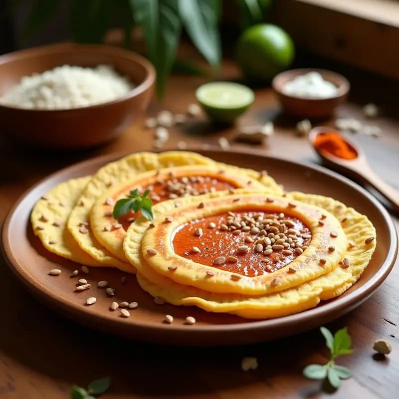 Plato rústico de madera con tortillas de maíz dulce doradas, untadas con crema de cajún espesa y especiada, decoradas con semillas de sésamo tostadas. Fondo con ingredientes como azúcar de coco, especias y limón.