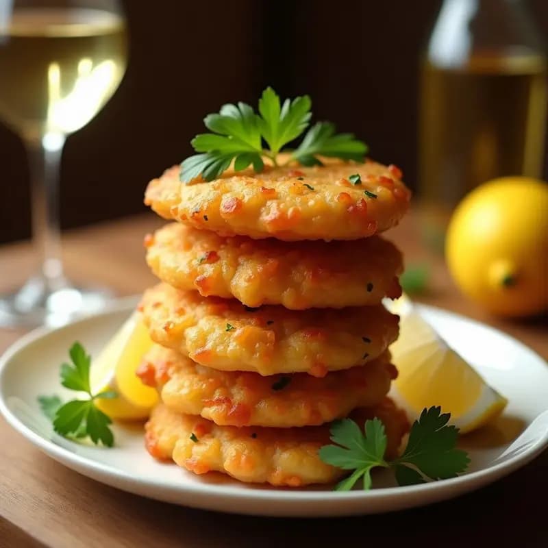 Tortillitas de camaroncillos con perejil doradas y crujientes, apiladas en un plato blanco con hojas de perejil fresco y rodajas de limón, aperitivo andaluz tradicional.