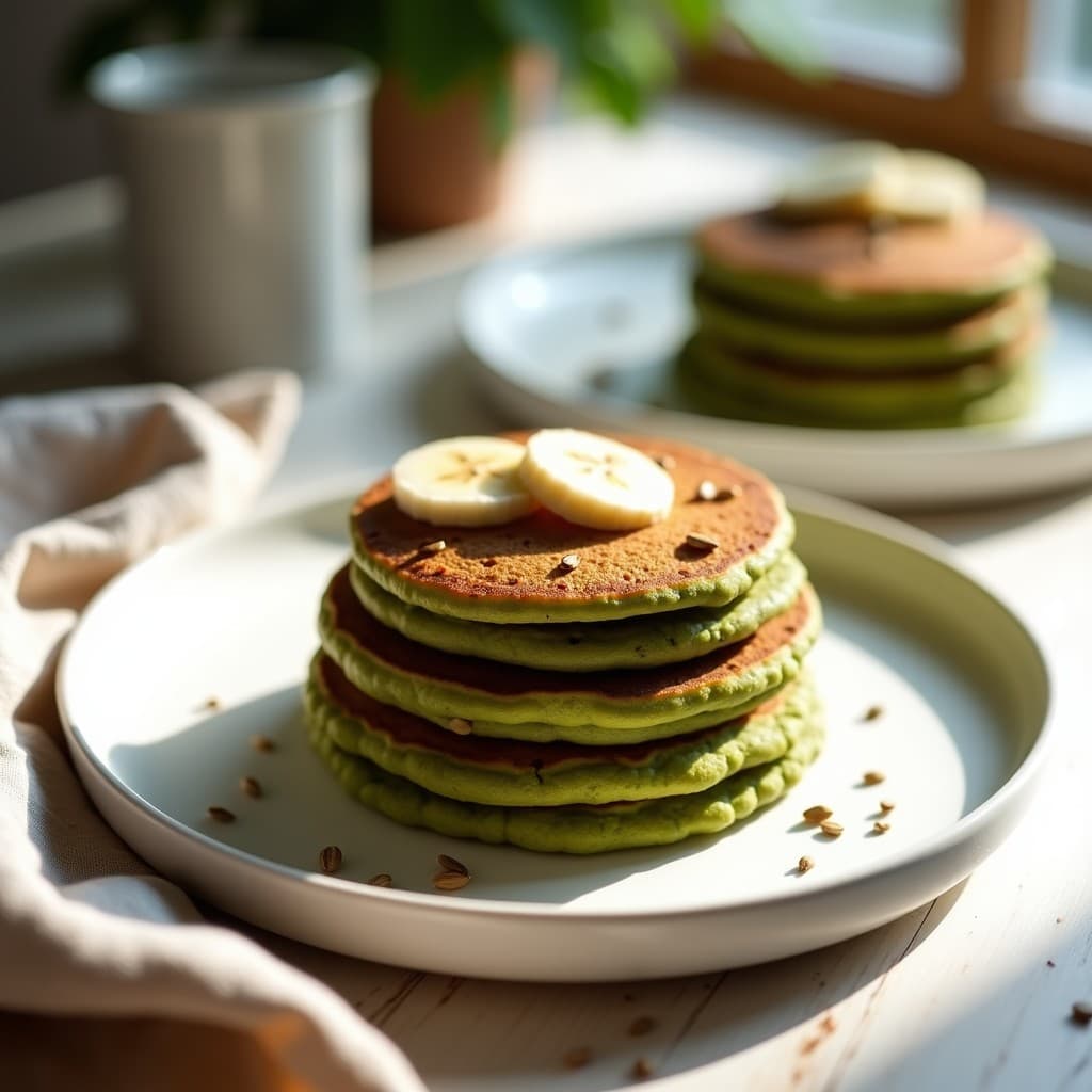Plato blanco con tortitas doradas de alga espirulina y semillas de cáñamo, apiladas y decoradas con rodajas de plátano y un espolvoreado de semillas. Desayuno superfood vegano rápido y saludable.