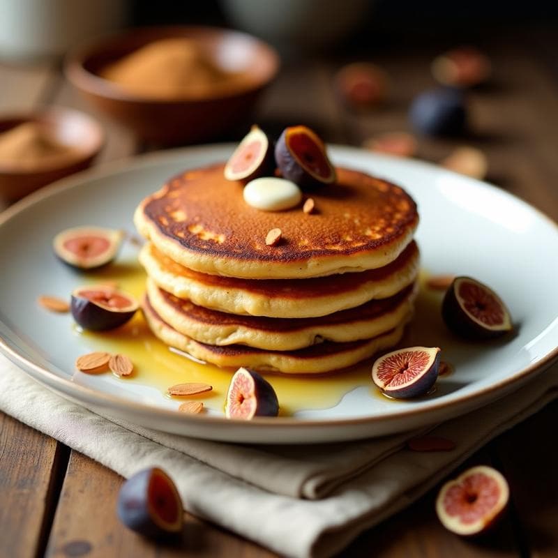 Tortitas doradas de almendra y higos secos apiladas en un plato blanco, con un fondo de higos secos enteros y una pizca de canela espolvoreada. Receta keto y sin gluten cocinada en airfryer.