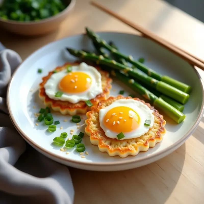 Plato blanco con tortitas doradas de arroz inflado y huevo, acompañadas de espárragos trigueros salteados, cebollino picado y semillas de sésamo. Desayuno chino salado listo en 15 minutos.