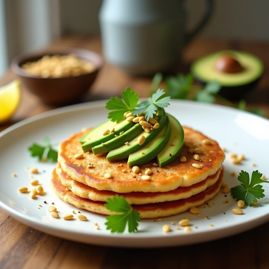 Tortitas doradas de arroz integral apiladas con láminas de aguacate fresco, semillas de girasol tostadas y hojas de cilantro, servidas en un plato blanco sobre una mesa de madera rústica. Desayuno sin gluten saludable y gourmet.