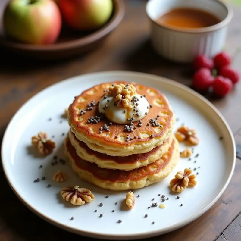 Plato blanco con tortitas doradas de arroz y quinoa veganas, apiladas con compota de manzana, semillas de chía y nueces picadas, sobre fondo rústico de madera.