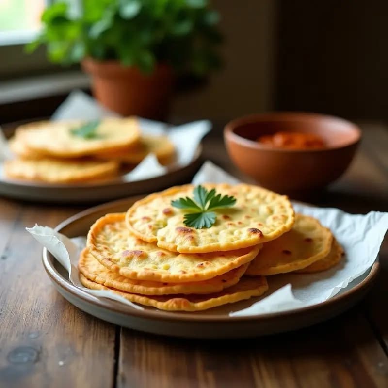 Plato de tortitas de axuá doradas y crujientes, pan de yuca colombiano tradicional, apiladas sobre papel absorbente con un cuenco de hogao al fondo.