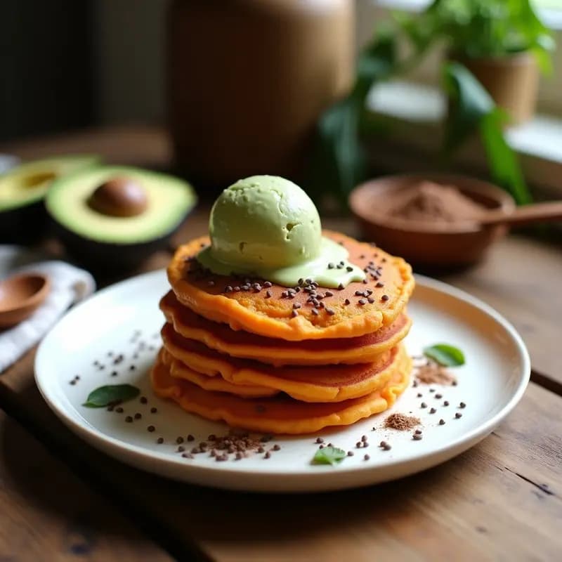 Plato blanco con tortitas doradas de batata y cacao apiladas, coronadas con una generosa porción de helado de aguacate cremoso y semillas de chía. Fondo rústico con ingredientes dispersos como cacao en polvo y aguacate abierto.