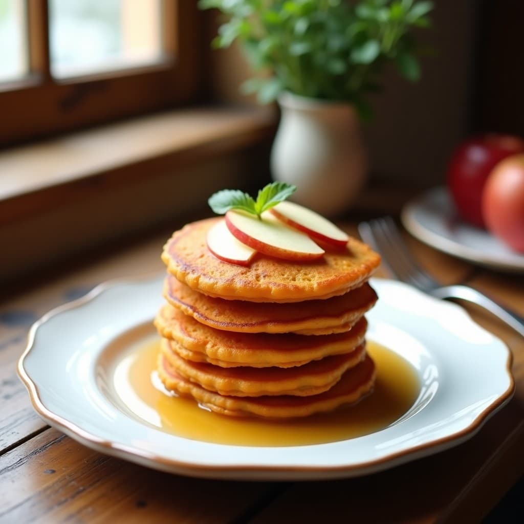 Plato blanco con tortitas doradas de batata naranja y semillas de lino, apiladas y decoradas con rodajas de manzana fresca y un chorrito de sirope de agave. Fondo rústico de madera con luz natural.