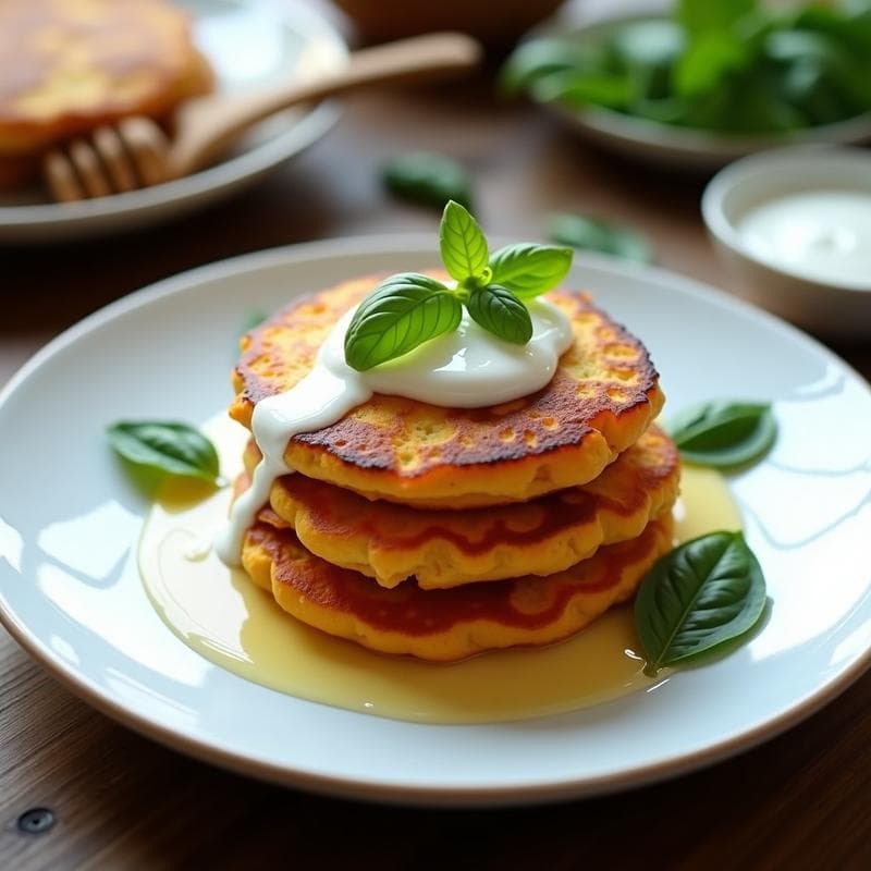 Plato blanco con tortitas doradas de boniato y albahaca, apiladas y bañadas en salsa de yogur griego cremosa. Decoradas con hojas de albahaca fresca y un hilo de miel. Fondo rústico de madera con utensilios de cocina.