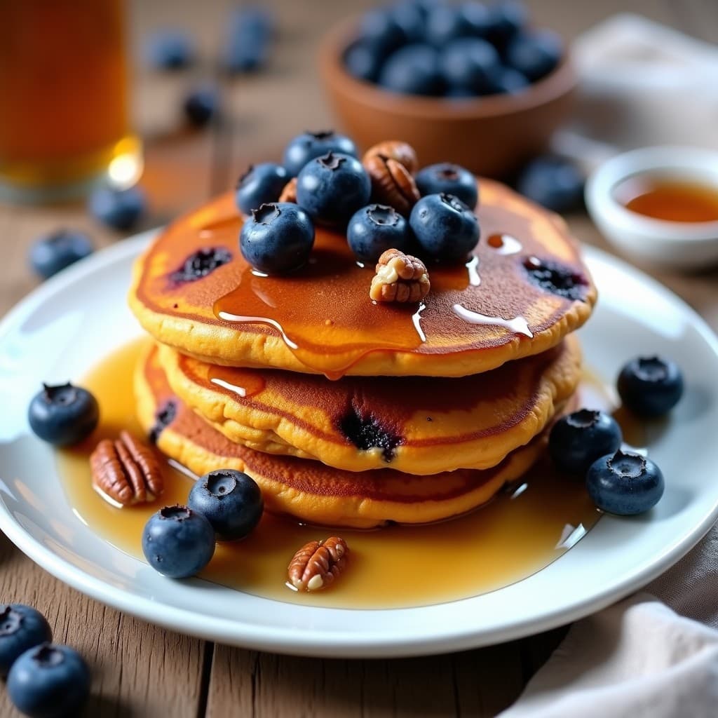 Tortitas doradas de boniato y arándanos veganas sin harina, servidas en un plato blanco con sirope de arce y arándanos frescos como decoración. Textura esponjosa y color anaranjado intenso.