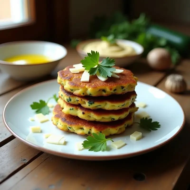 Tortitas doradas de calabacín y ajo negro apiladas en un plato blanco, con un toque de perejil fresco y virutas de parmesano por encima, receta Thermomix ligera y sin harina.