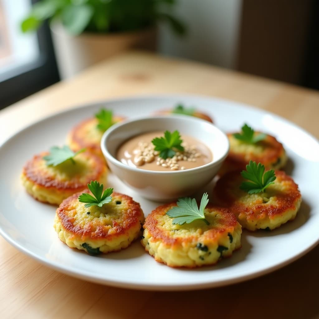 Plato blanco con tortitas de calabacín y edamame doradas por fuera, servidas con salsa de sésamo cremosa y decoradas con perejil fresco y semillas de sésamo tostado. Receta vegana japonesa en Thermomix.