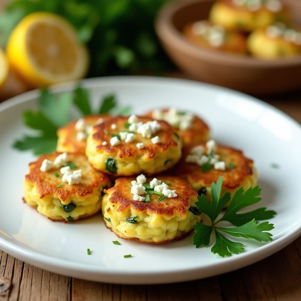 Tortitas doradas y esponjosas de calabacín y queso feta sin harina, apiladas en un plato blanco con hierbas frescas y un chorrito de aceite de oliva, receta baja en calorías y lista en 15 minutos.