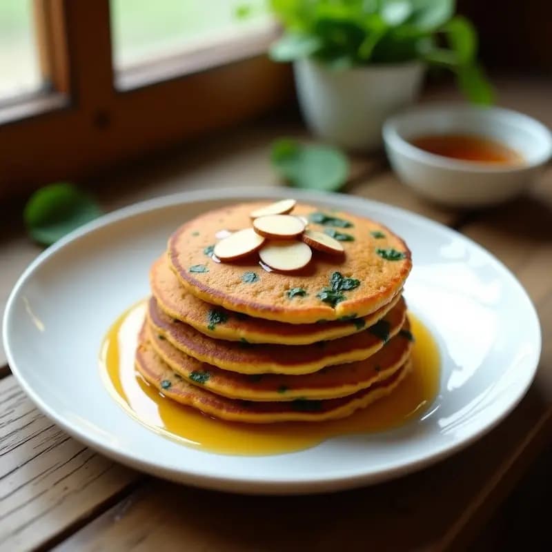 Plato blanco con tortitas doradas de calabaza y espinacas, apiladas y decoradas con almendras fileteadas y un hilo de sirope de arce sobre fondo de madera rústica.