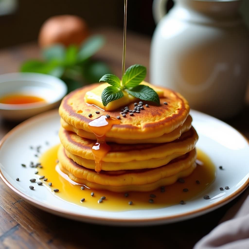 Tortitas doradas de calabaza kabocha y queso vegano apiladas en un plato blanco, con textura esponjosa y trozos visibles de queso. Acompañadas de un chorrito de sirope y semillas de chía espolvoreadas. Receta keto en Thermomix sin harina.