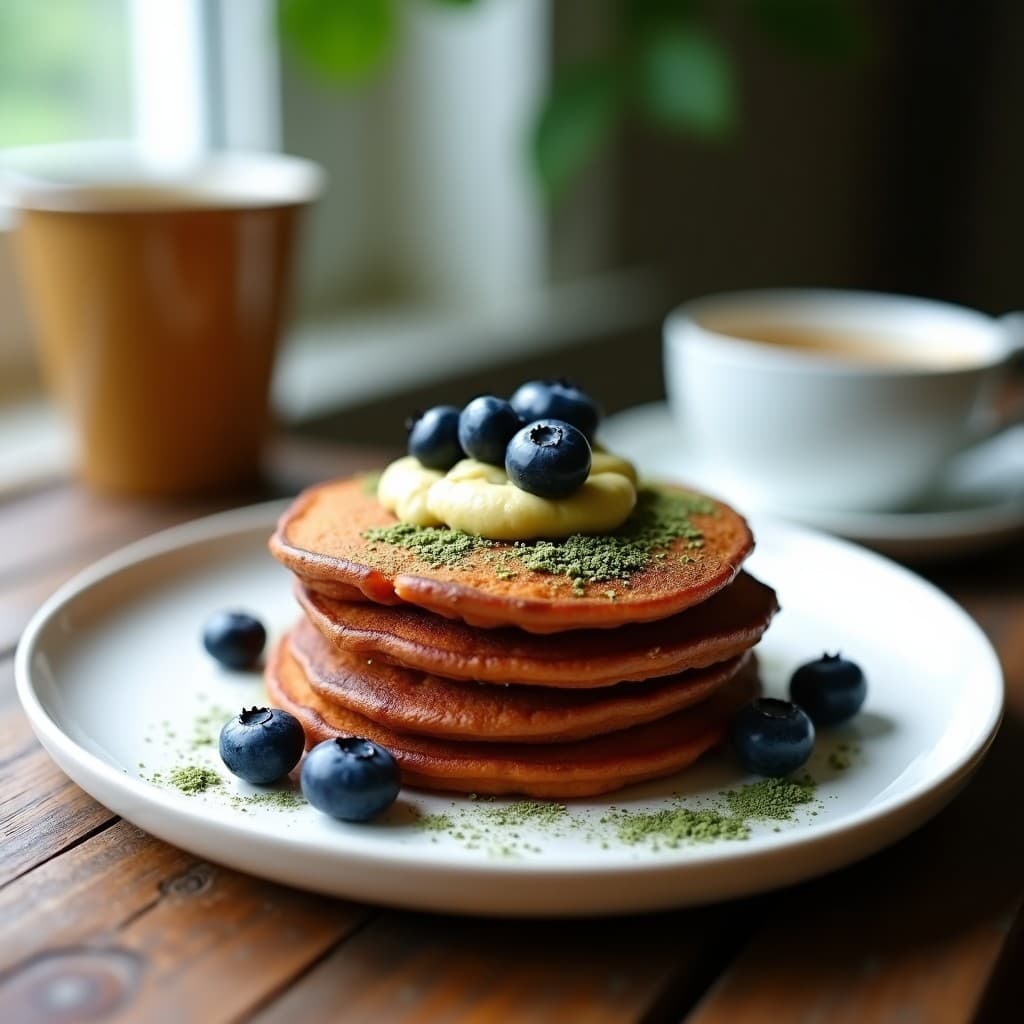 Plato blanco con tortitas de camote y espirulina doradas, apiladas y cubiertas con crema de anacardos y arándanos frescos. Desayuno energético sin harina con superalimentos.