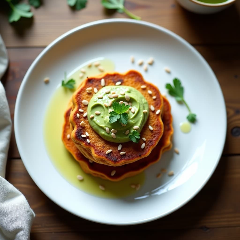Plato blanco con dos tortitas doradas de camote y linaza apiladas, cubiertas con crema verde de aguacate, semillas de chía y cilantro fresco. Desayuno sin gluten y keto sobre fondo rústico de madera con taza de café.