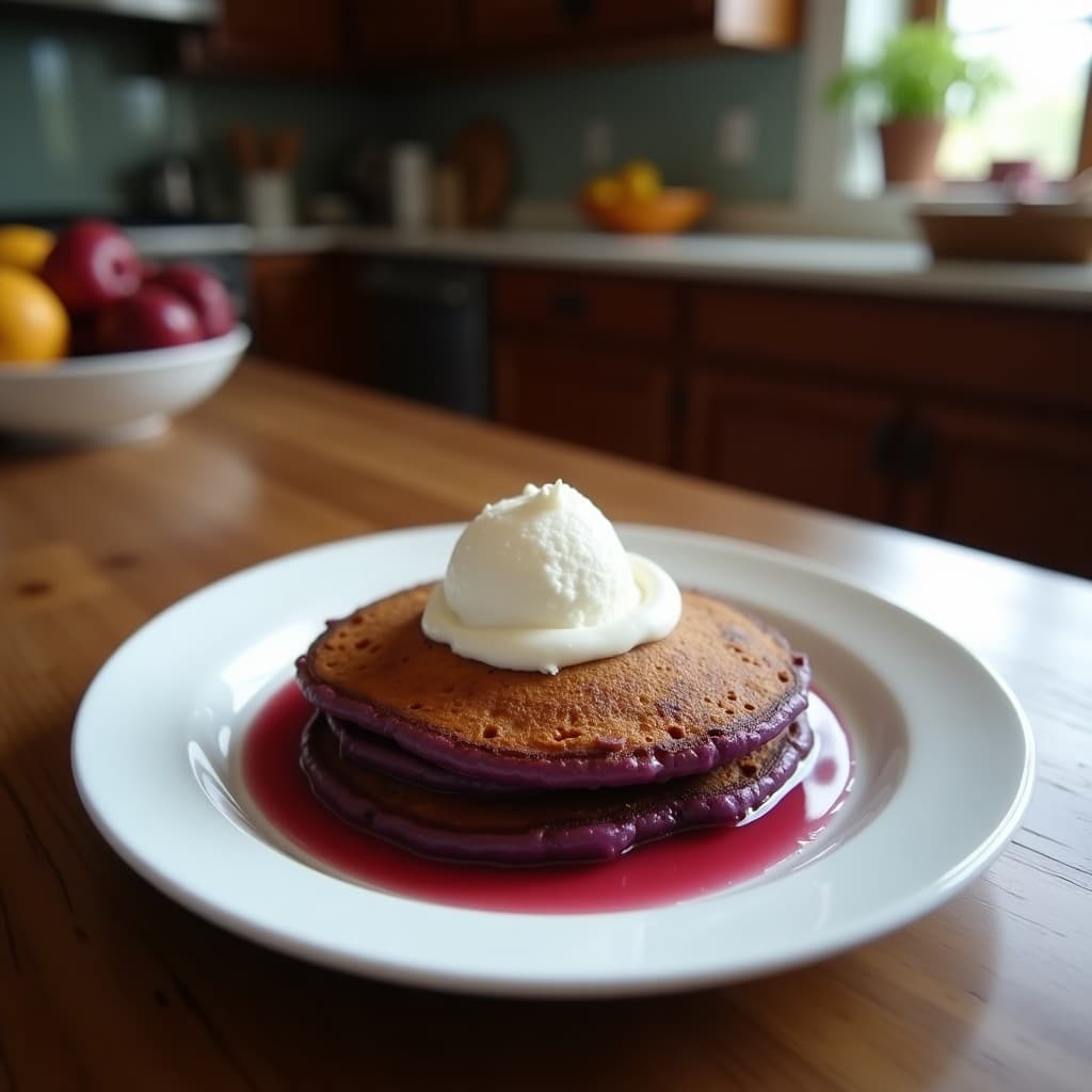 Plato blanco con tortitas de camote morado y coco doradas, apiladas y coronadas con una bola de helado de yogur griego cremoso, decoradas con coco rallado tostado y un chorrito de miel sobre fondo rústico de madera. Receta de desayuno filipino sin harina.