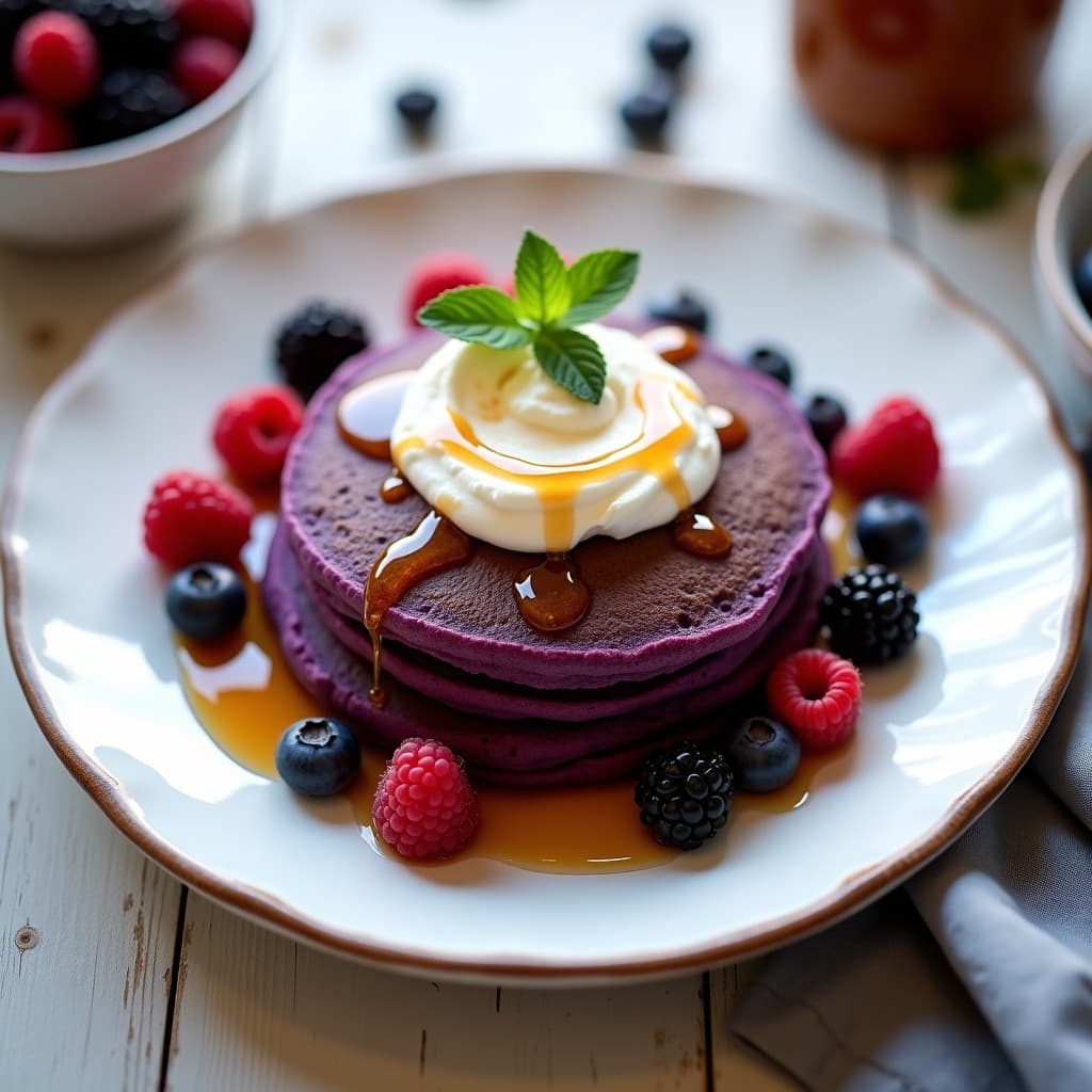 Plato blanco con tortitas doradas de camote morado y semillas de chía, apiladas y bañadas en sirope de arce, decoradas con nueces picadas y frutos rojos. Desayuno fitness colorido y nutritivo.