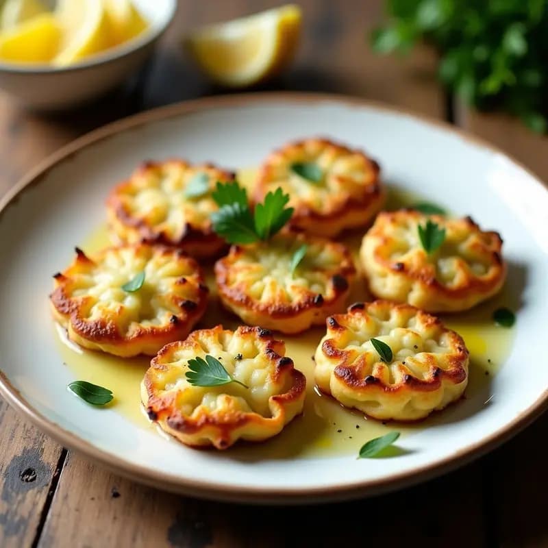 Plato blanco con tortitas doradas de alcachofa y queso fresco, crujientes por fuera y jugosas por dentro, acompañadas de hierbas frescas y un chorrito de aceite de oliva.
