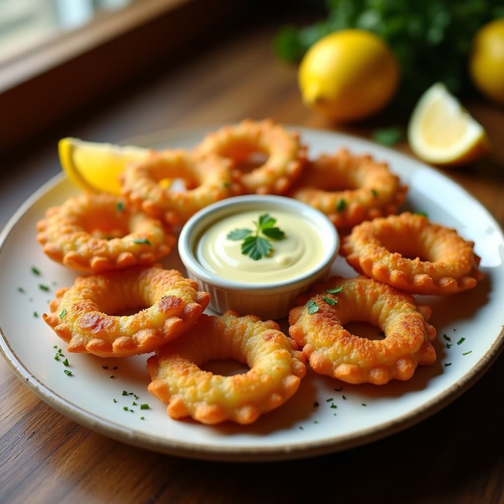 Bandeja de horno con tortitas de calamares doradas y crujientes, acompañadas de gajos de limón y perejil fresco, receta tradicional española.