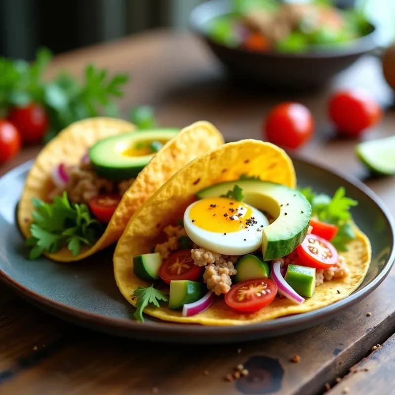 Tortitas de maíz rellenas de atún y ensalada fresca con aguacate y huevo duro, servidas en un plato blanco sobre fondo de madera rústica.