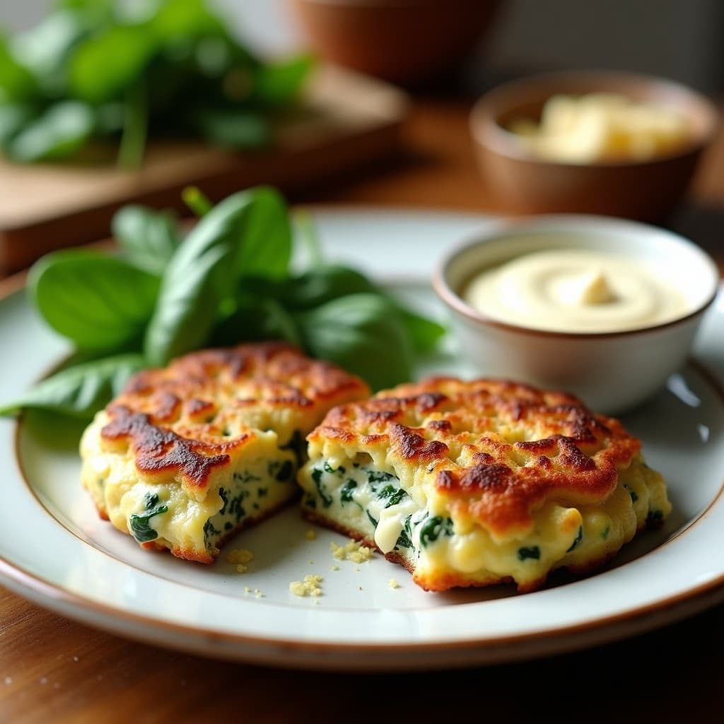Tortitas doradas de espinacas y gorgonzola servidas en un plato blanco rústico, con queso fundido visible en su interior y acompañadas de hojas de espinaca fresca.