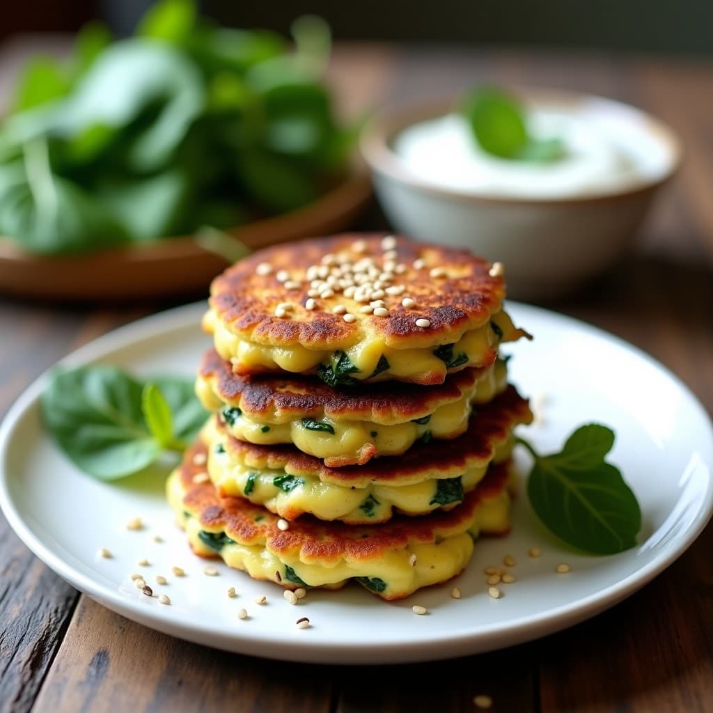 Tortitas doradas de espinacas y queso halloumi apiladas en un plato blanco, con semillas de sésamo tostadas por encima, acompañadas de rodajas de tomate y aguacate. Desayuno sin gluten y alto en calcio.