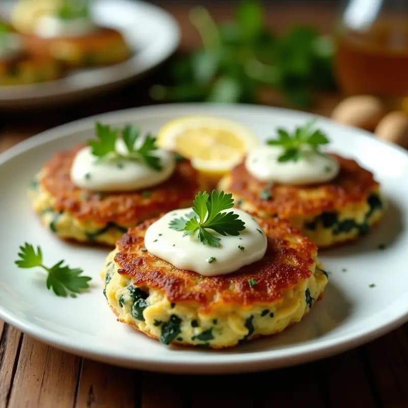 Tortitas doradas de espinacas y queso de cabra servidas en un plato blanco con salsa de nueces cremosa por encima, acompañadas de perejil fresco y rodajas de limón, receta desayuno salado en airfryer.