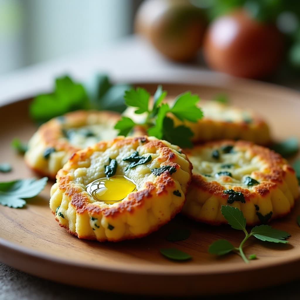 Tortitas doradas y esponjosas de espinacas y queso de cabra servidas en un plato de madera rústico, con un toque de perejil fresco y aceite de oliva virgen extra.