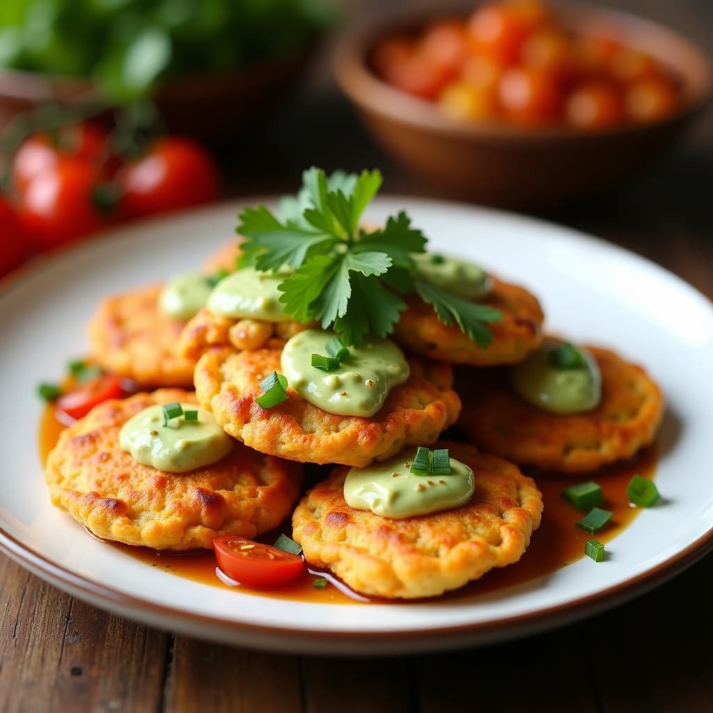 Plato blanco con tres tortitas doradas de harina de garbanzo apiladas, cubiertas con crema de aguacate verde y trocitos de tomates secos rojos. Decoración con semillas de sésamo y perejil fresco. Brunch mediterráneo sin gluten.