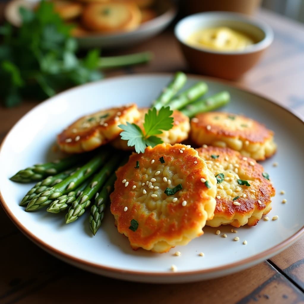 Tortitas doradas y crujientes de garbanzo y espárragos trigueros en Thermomix, aperitivo andaluz vegano, servidas en plato rústico con semillas de sésamo y puntas de espárrago visibles.